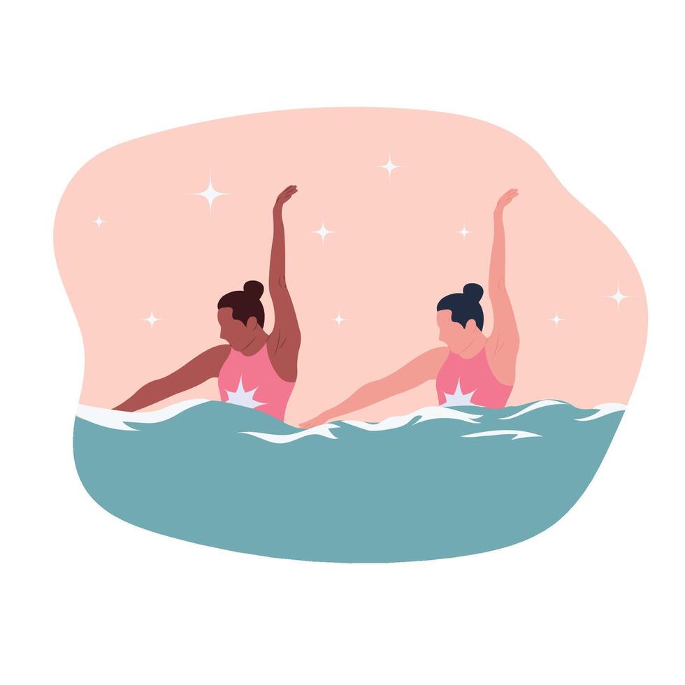 sincronizado nadando ilustración. mujer sincronizado nadadores trabajo como un equipo en nadando piscina. agua deporte concepto. dibujos animados diseño para póster, icono, tarjeta, logo, etiqueta, bandera o pegatina. vector