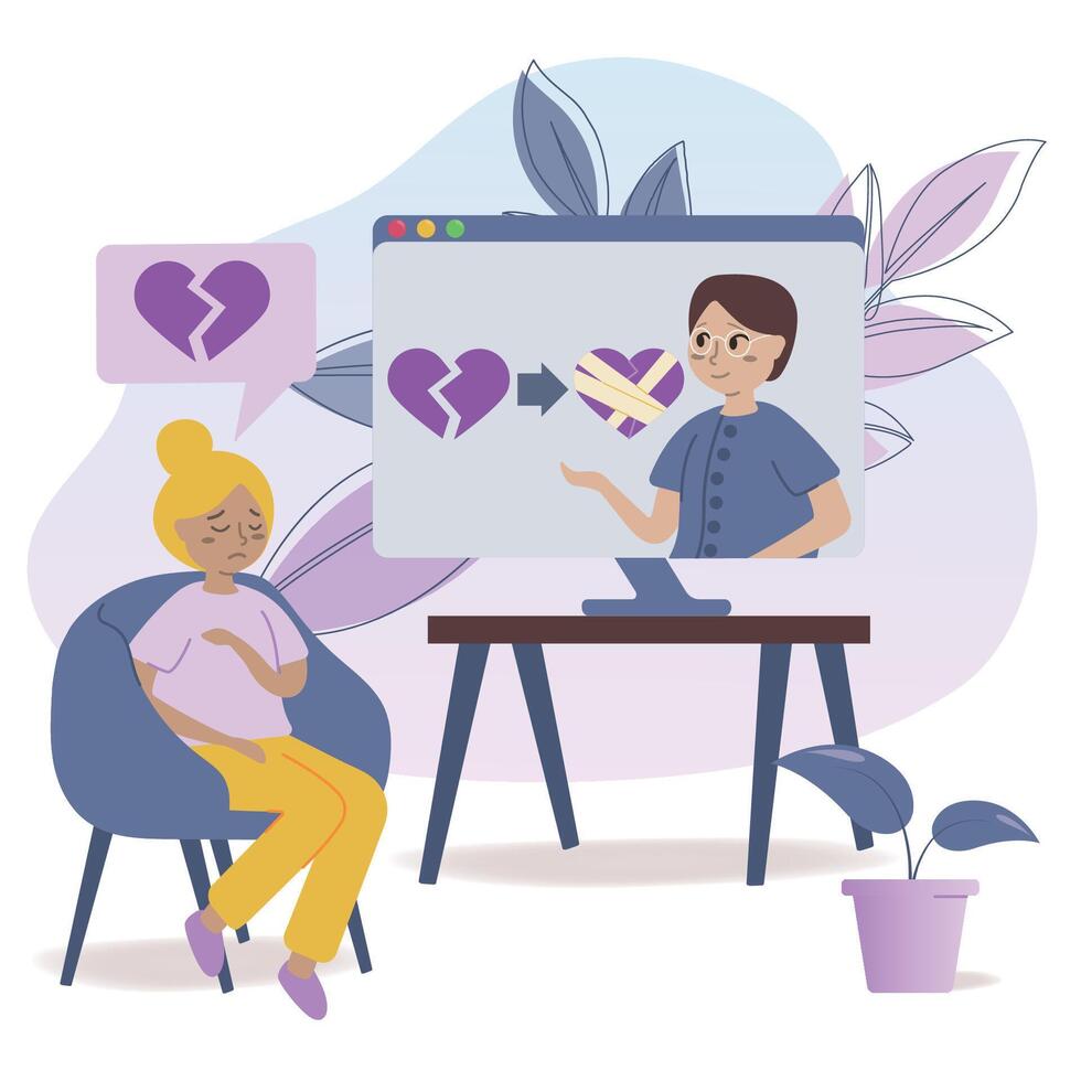 Woman consulting psychologist online. Doctor and patient discussing mental issues, using computer for distance talk. illustration for counseling, therapy, psychology, support concept. vector