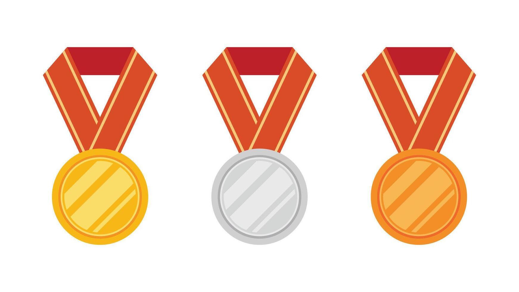 Tres medallas fueron desplegado, uno oro, uno plata y uno bronce. el medalla es atado con un rojo cinta vector