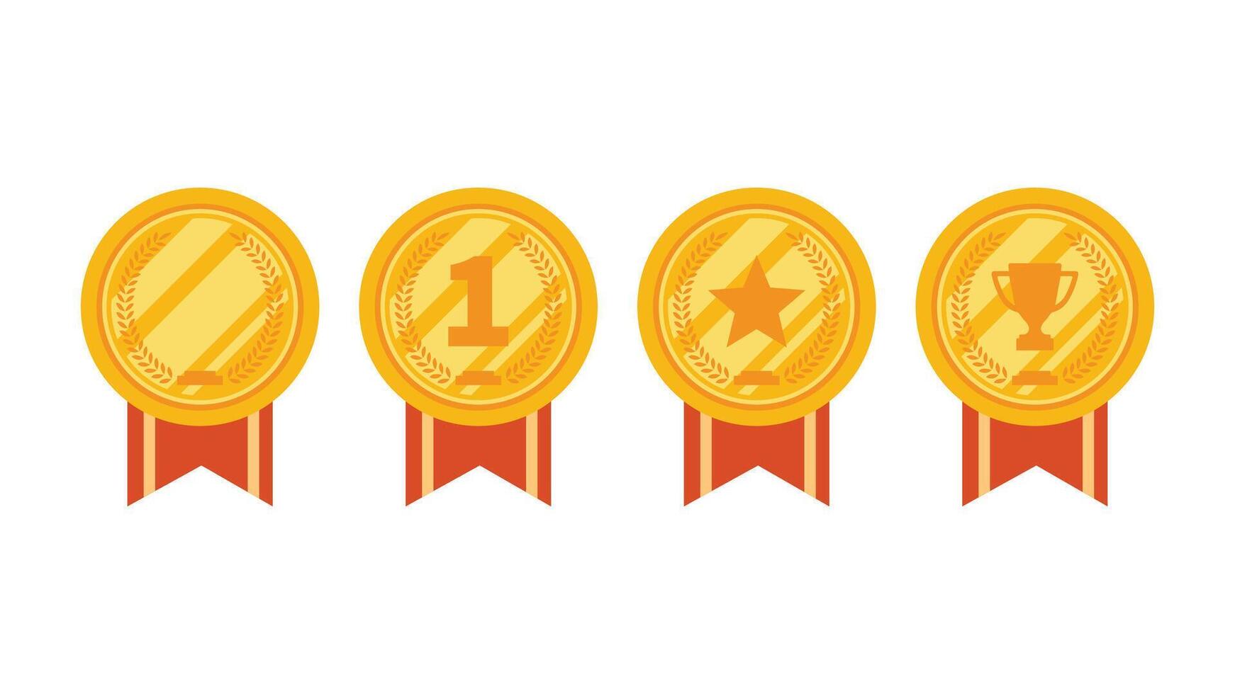 Four gold medals with red ribbons and stars on them. The medal is for the first winner vector