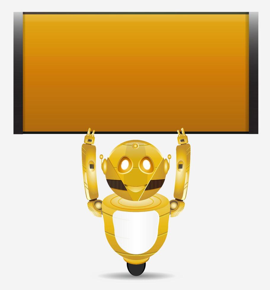 yellow vintage robot character holding blank banner vector