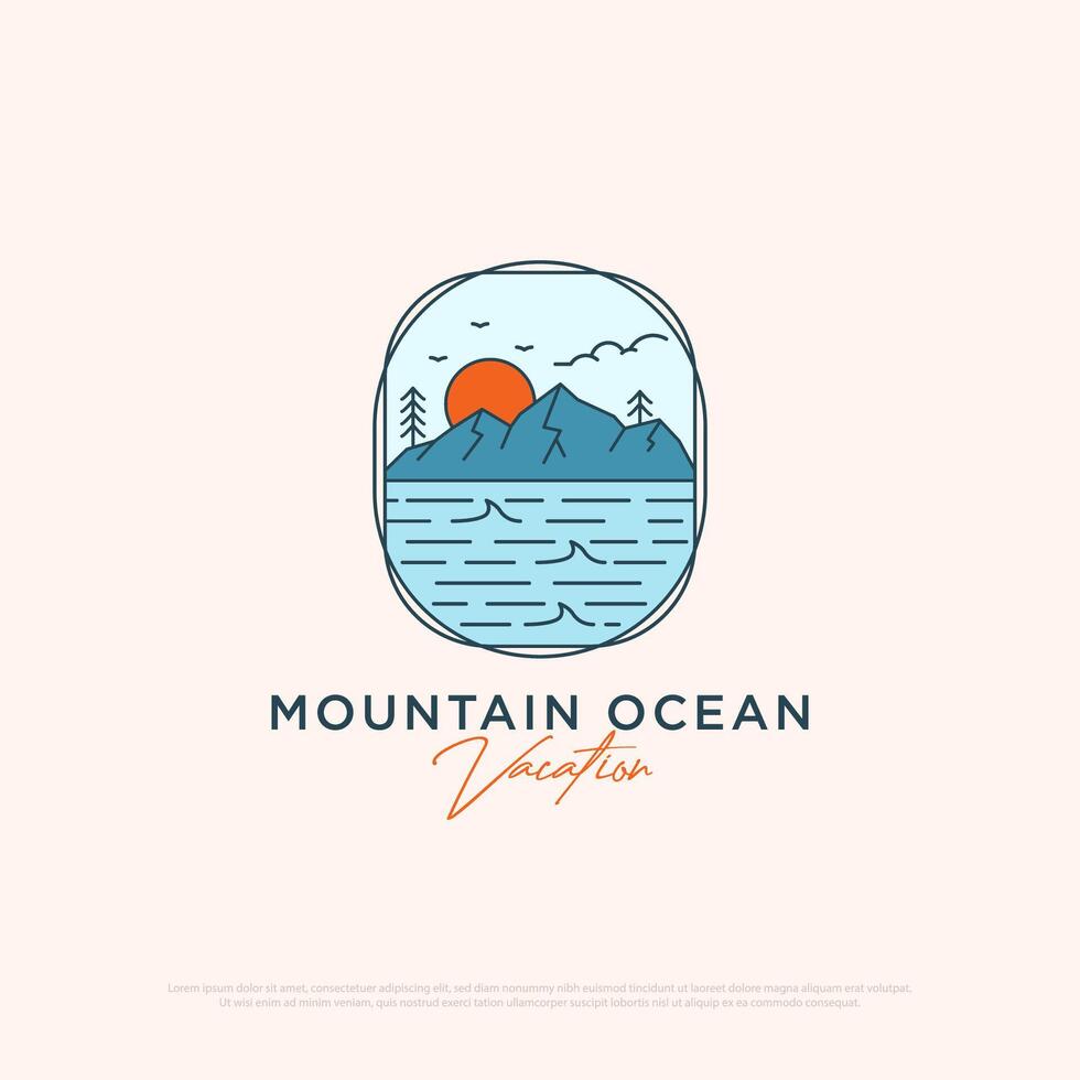 Mountain Ocean vacation logo design simple minimalist illustration template, travel agency logo idea vector