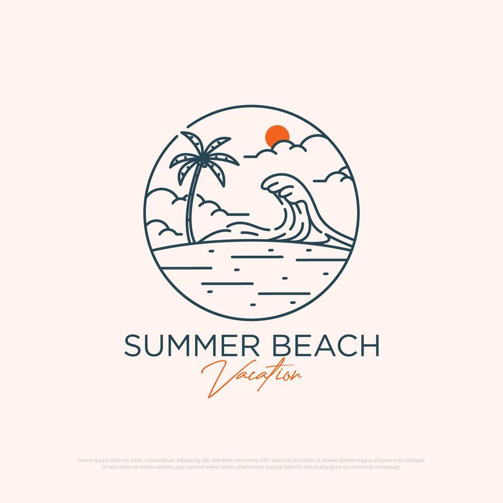 Summer Beach Adventure logo design with line art simple minimalist illustration template, travel logo designs vector