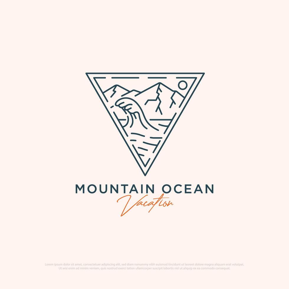 Ocean Mountain logo design with line art minimalist illustration template, travel agency logo inspiration vector