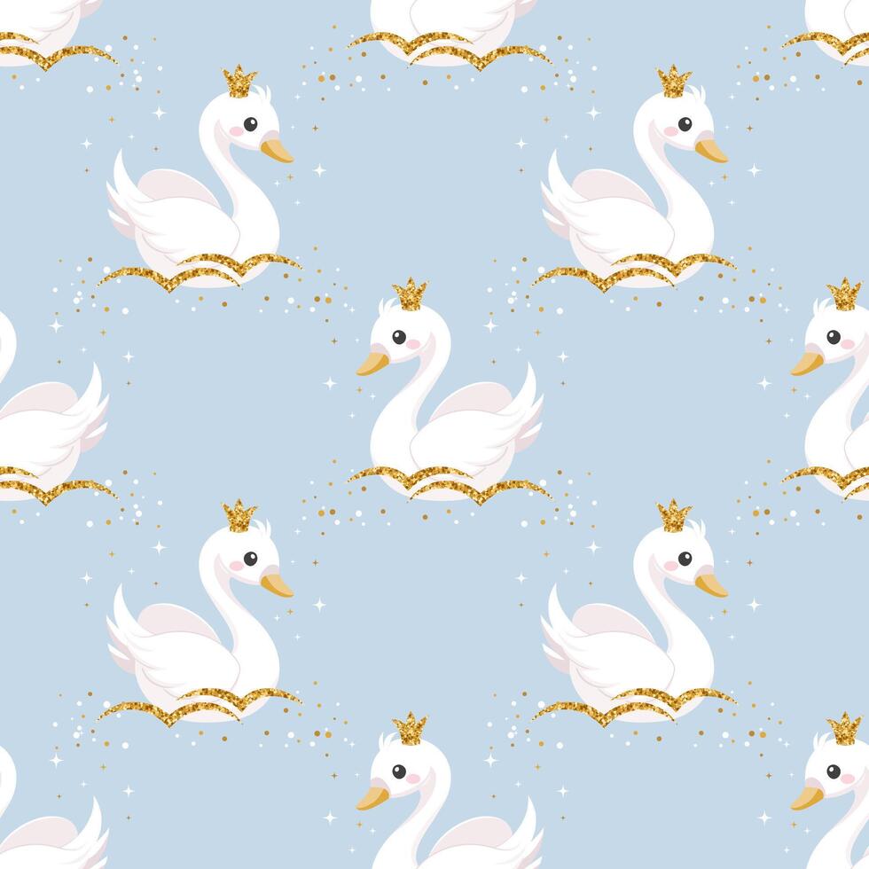 Seamless pattern, little swan princess with a golden crown on a pastel background. Cute background for decorating a nursery bedroom. vector