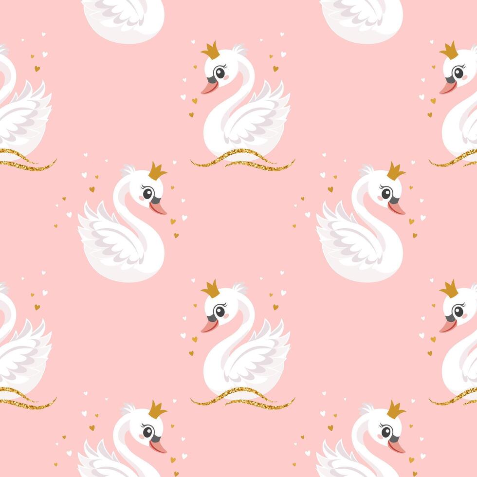 Seamless pattern, little swan princess with a golden crown on a pastel background. Cute background for decorating a nursery bedroom. vector