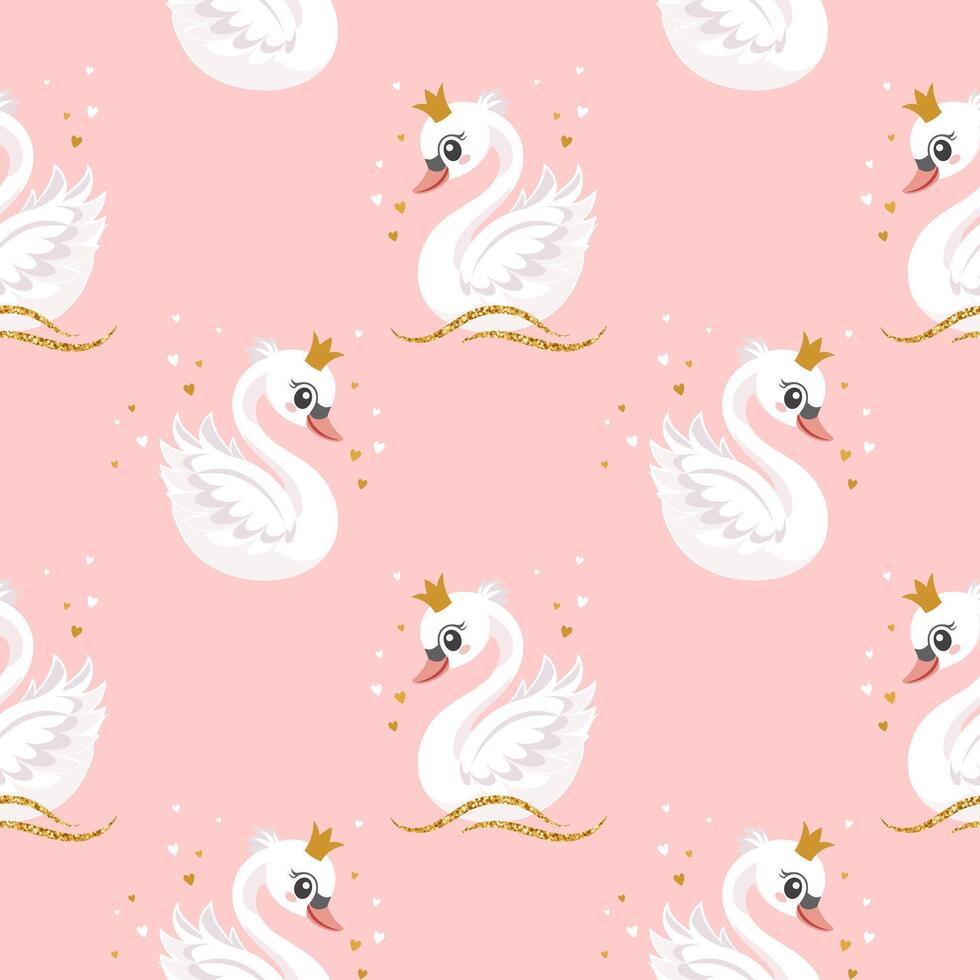 Seamless pattern, little swan princess with a golden crown on a pastel background. Cute background for decorating a nursery bedroom. vector