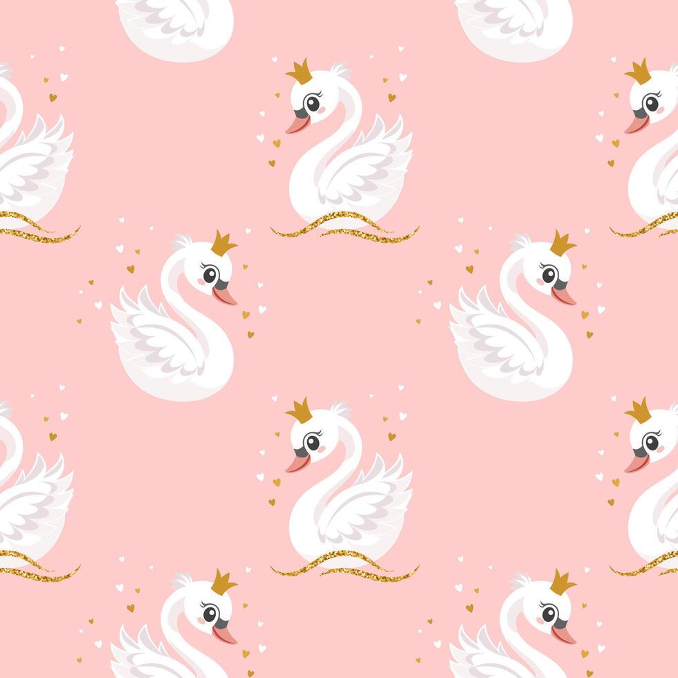 sin costura patrón, pequeño cisne princesa con un dorado corona en un pastel antecedentes. linda antecedentes para decorando un guardería dormitorio. vector