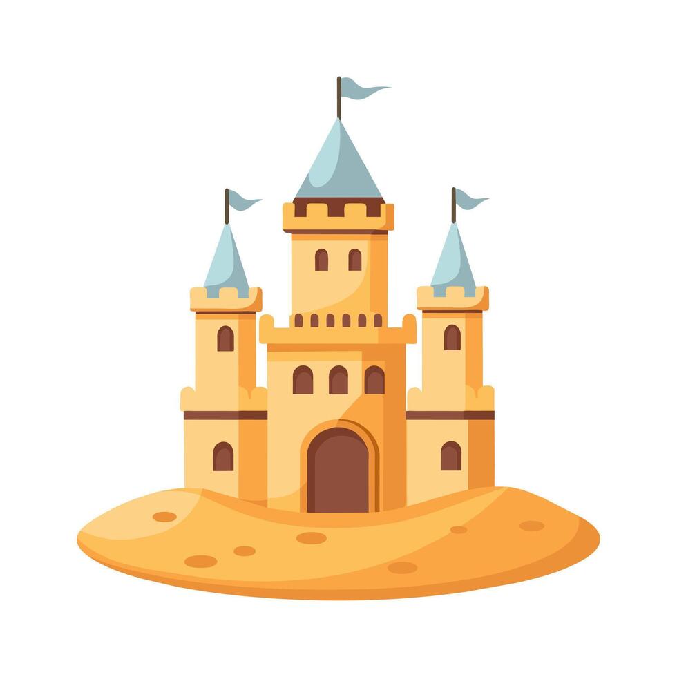 Sand castle with towers and fortress wall in flat style on a white background. Fairytale castle icon. Illustration of building construction on sand. vector