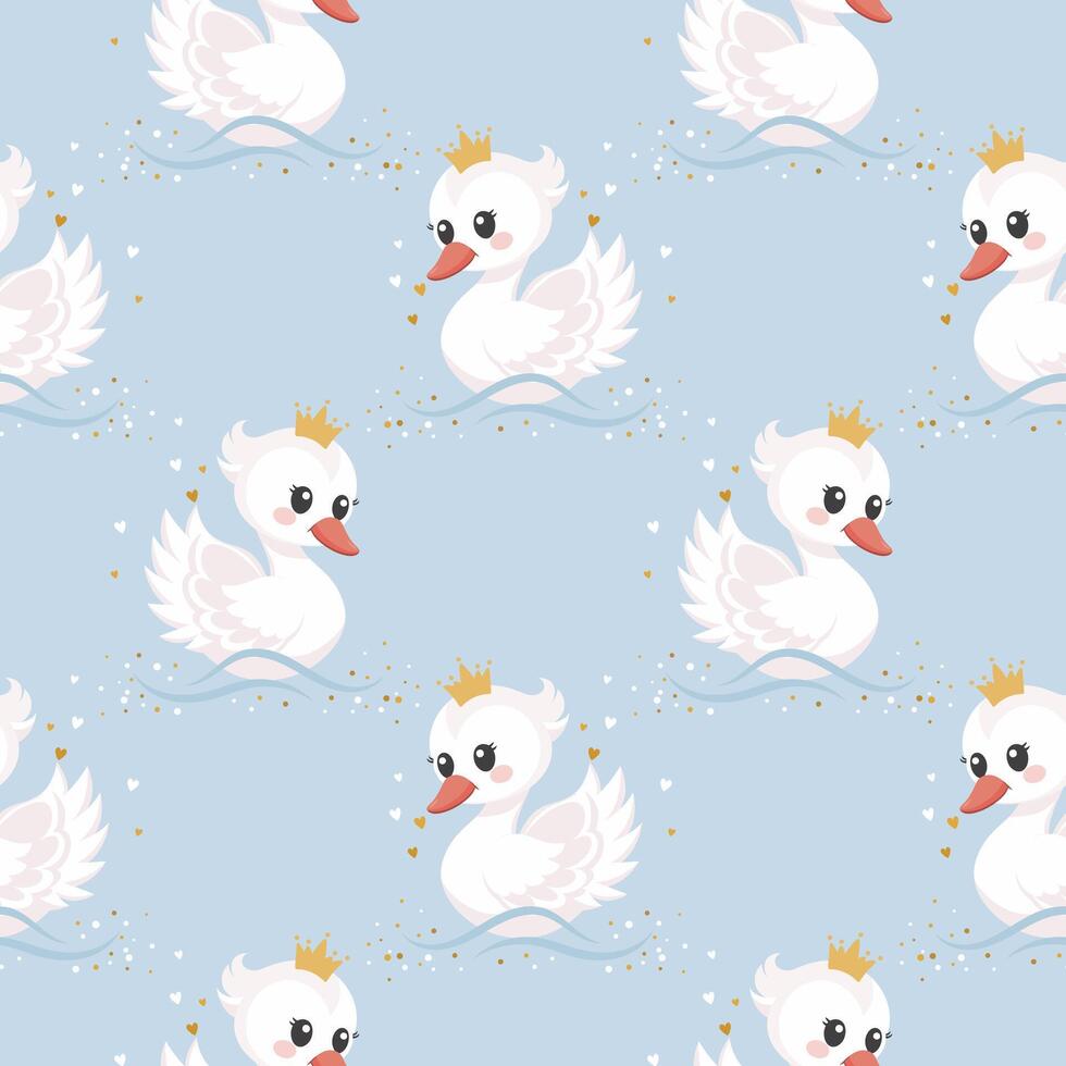 Seamless pattern, little swan princess with a golden crown on a pastel background. Cute background for decorating a nursery bedroom. vector