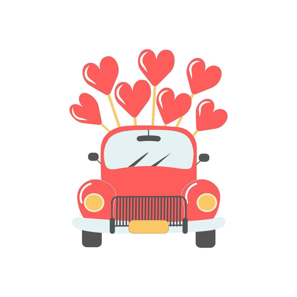 Vintage cartoon car with balloon hearts. Valentine's Day background, holiday print vector