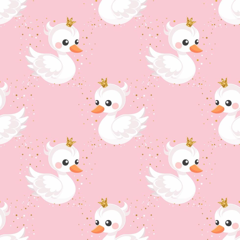 Seamless pattern, little swan princess with a golden crown on a pastel background. Cute background for decorating a nursery bedroom. vector