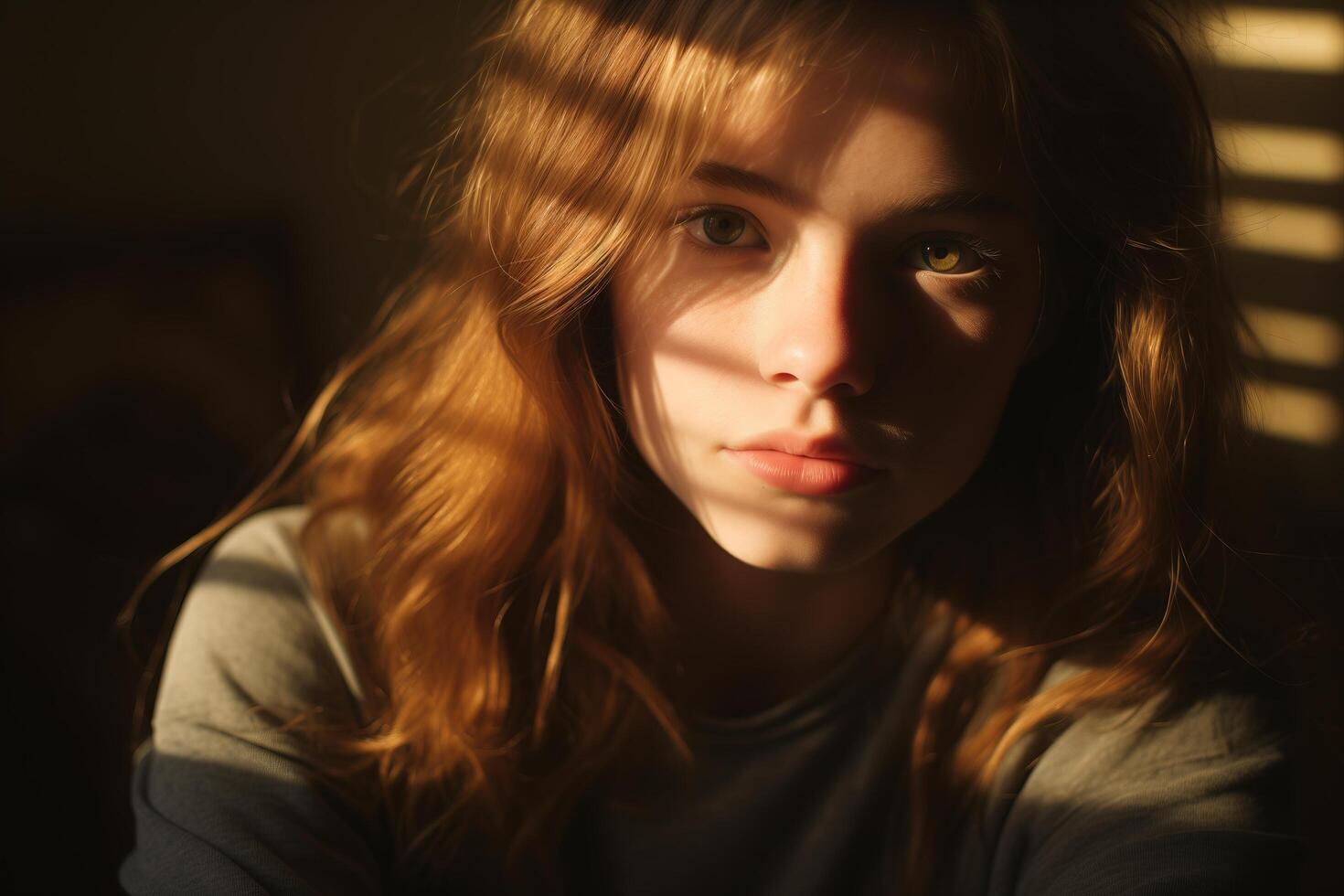 A woman with vibrant red hair making eye contact with the camera. photo