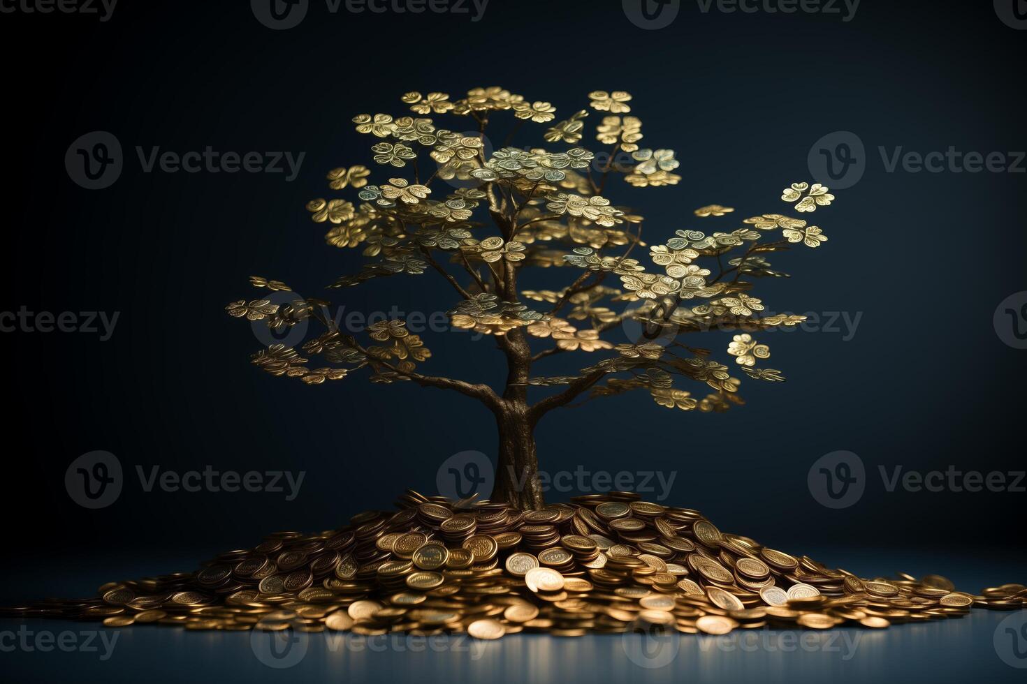 A small tree covered in an abundance of coins growing from its branches and trunk, symbolizing growth and financial prosperity. Money tree sprouting numerous coins. photo