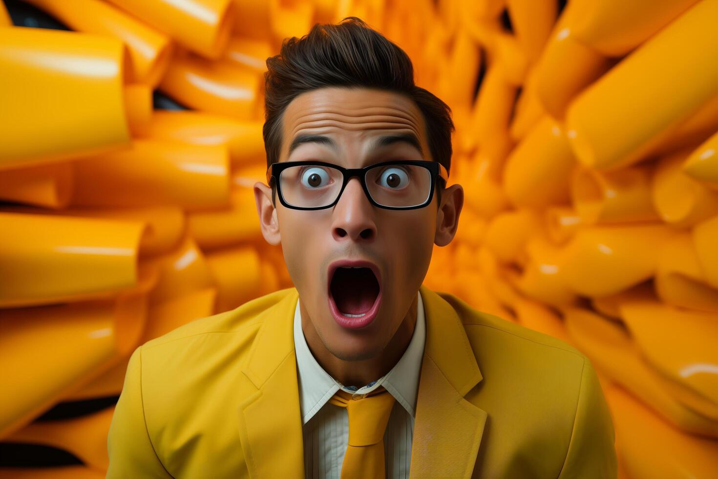 A man in a yellow suit and glasses with a shocked expression, eyes and mouth wide open. photo
