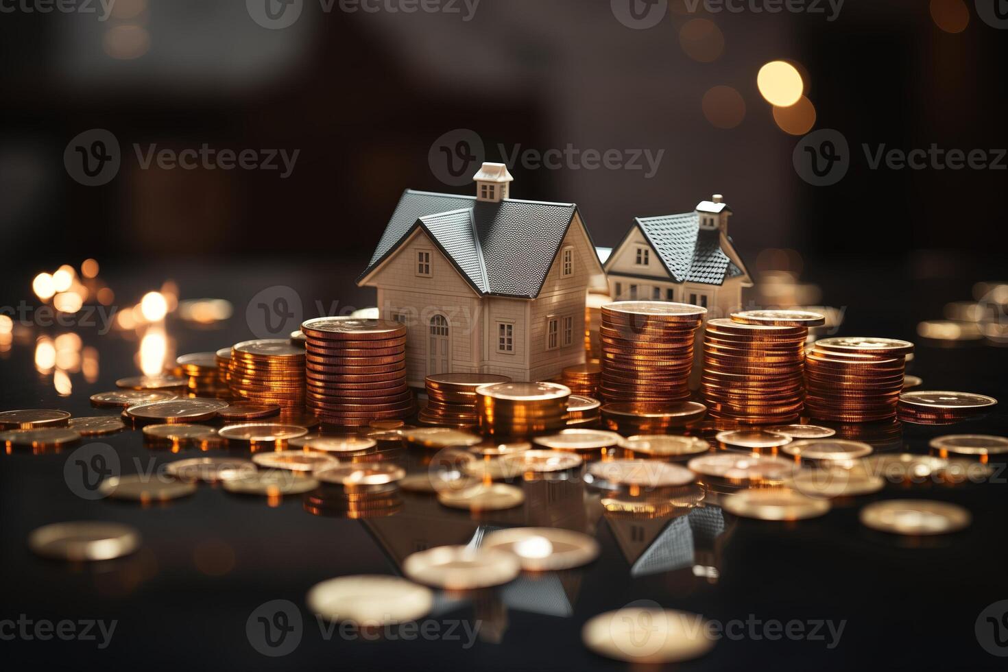 A small house is positioned on top of a heap of coins, showcasing a conceptual representation of financial stability or wealth accumulation. photo