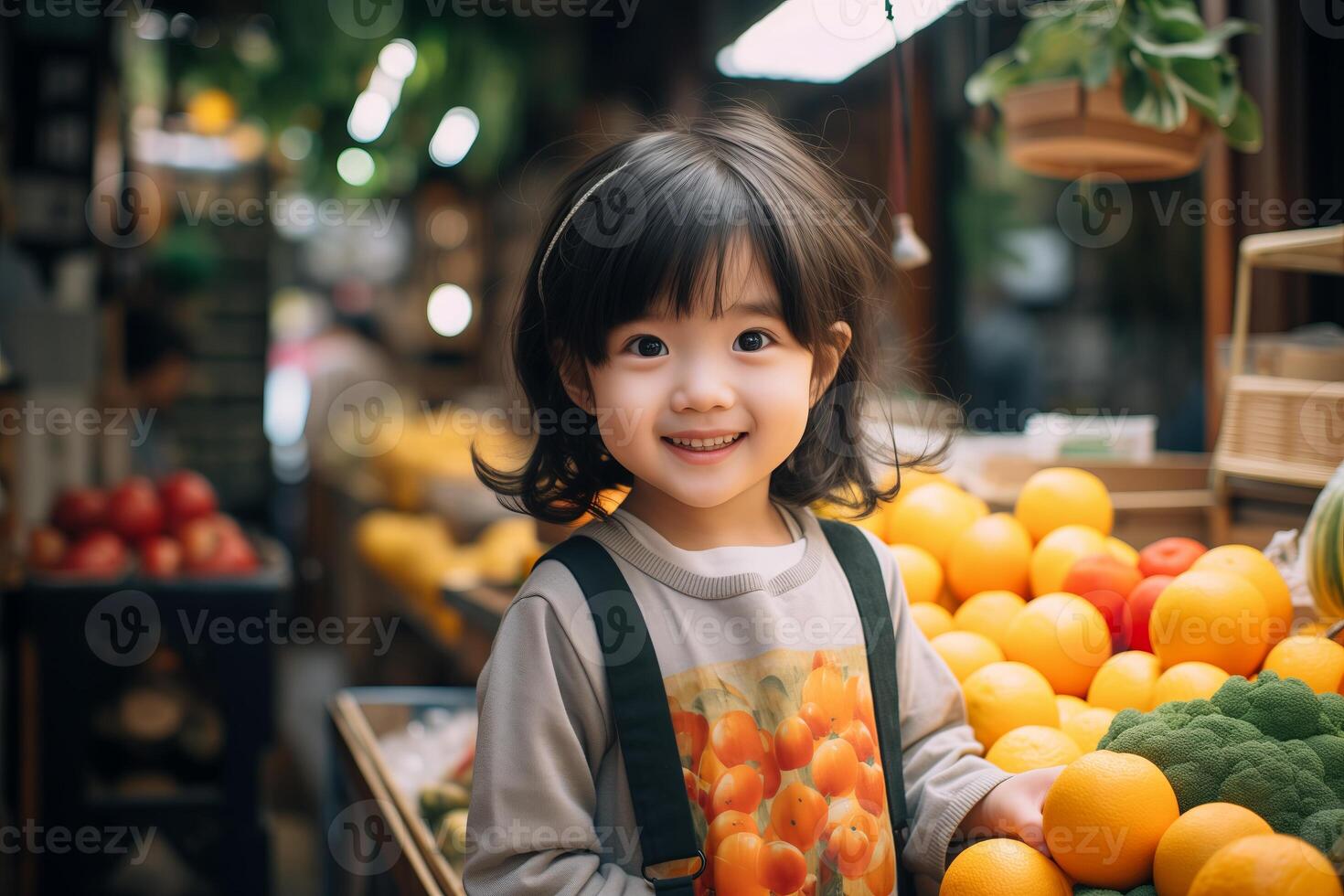 un pequeño niña es en pie en un supermercado en contra el antecedentes de un variedad de frutas y vegetales desplegado en un mercado pararse. foto