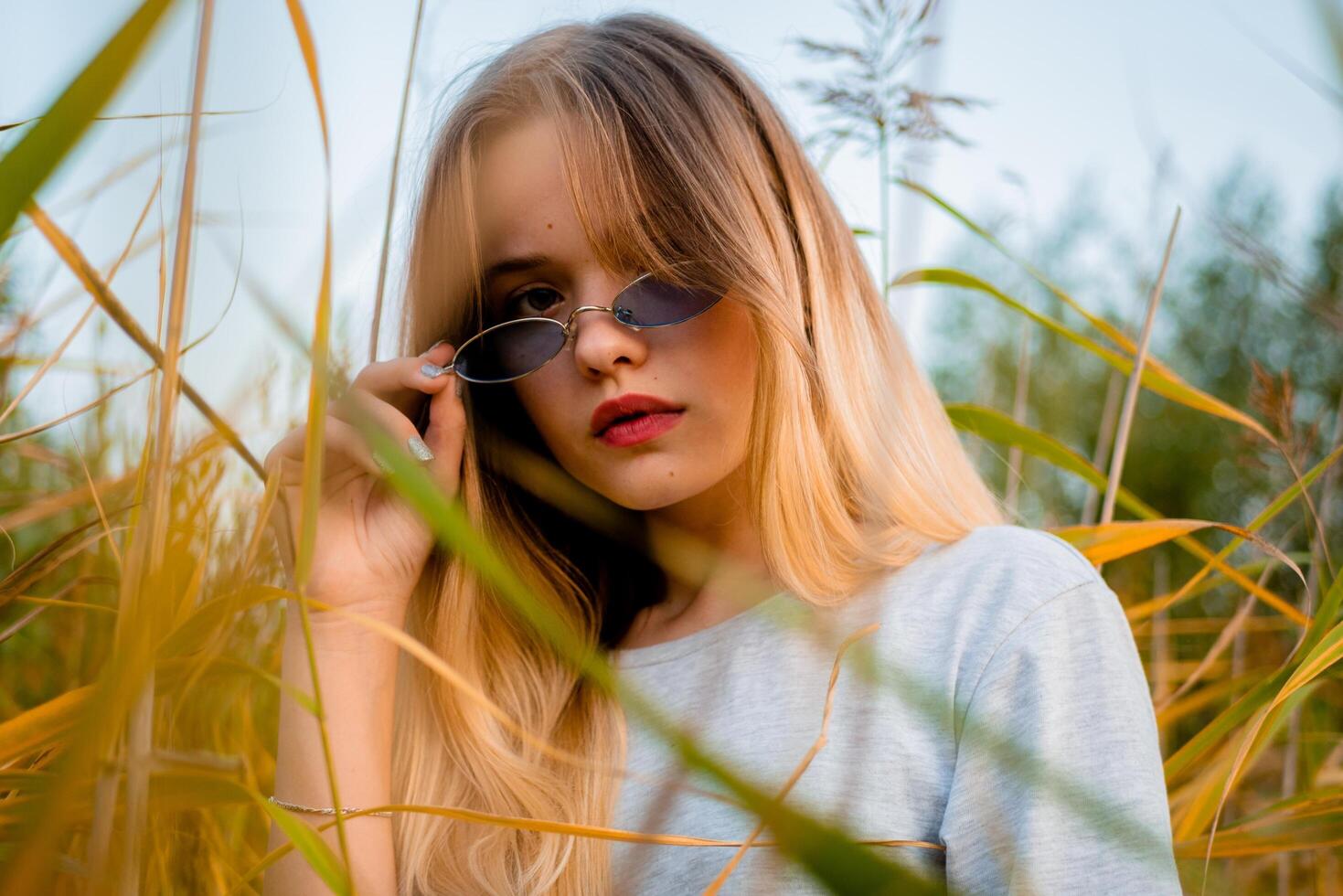 Beautiful young girl wearing blank gray t-shirt and black jeans in blue glasses posing against high green and yellow grass in early warm autumn. Outdoor portrait of beautiful female model. photo