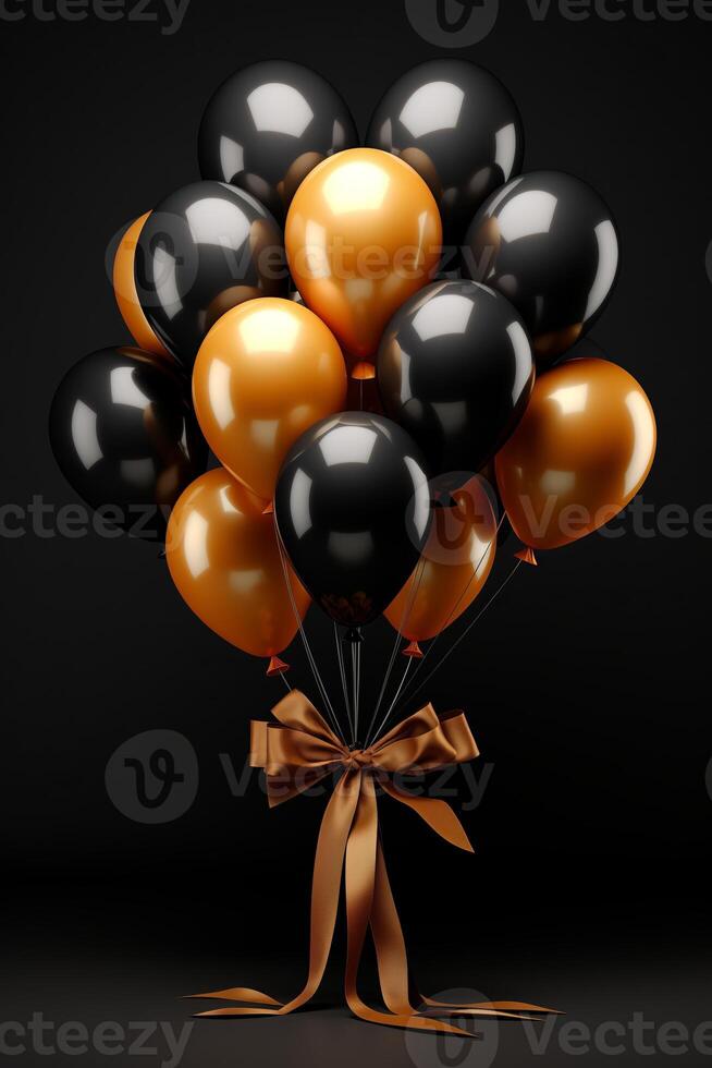 A cluster of black and gold balloons floating in the air, creating a festive and elegant atmosphere. photo