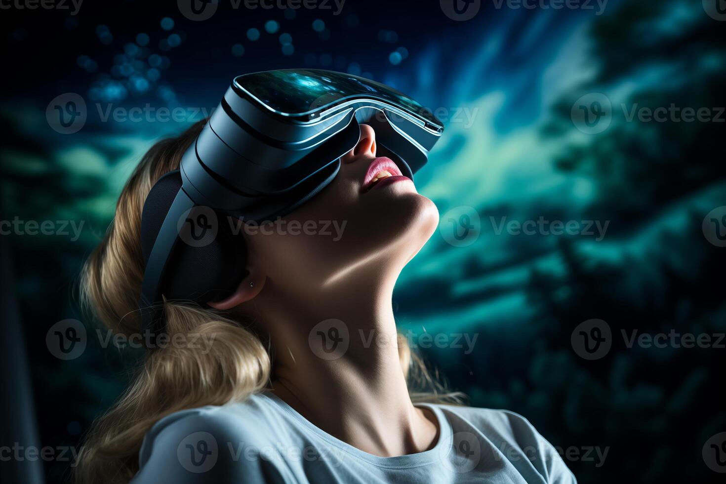 A woman enthusiastically immerses herself in virtual reality and augmented technology, wearing a headset and interacting with the digital world. photo