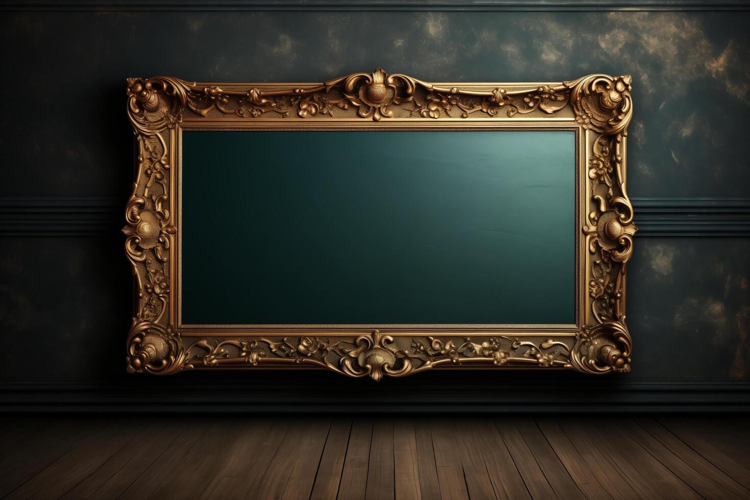 An unoccupied gold frame hangs on a dark wall, contrasting against the dimly lit room. photo