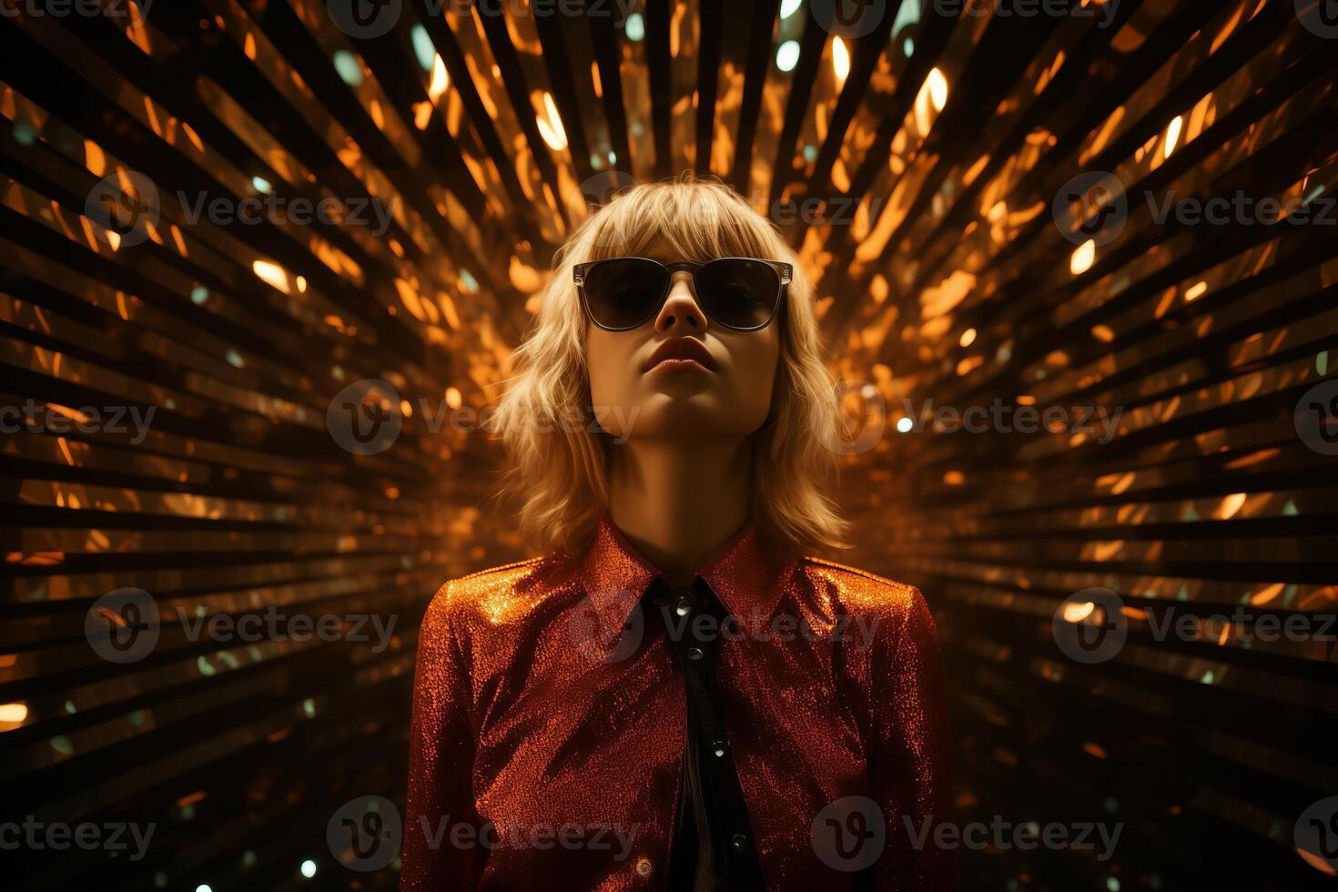 A woman standing wearing stylish sunglasses and a shiny dress, exuding confidence and elegance. photo