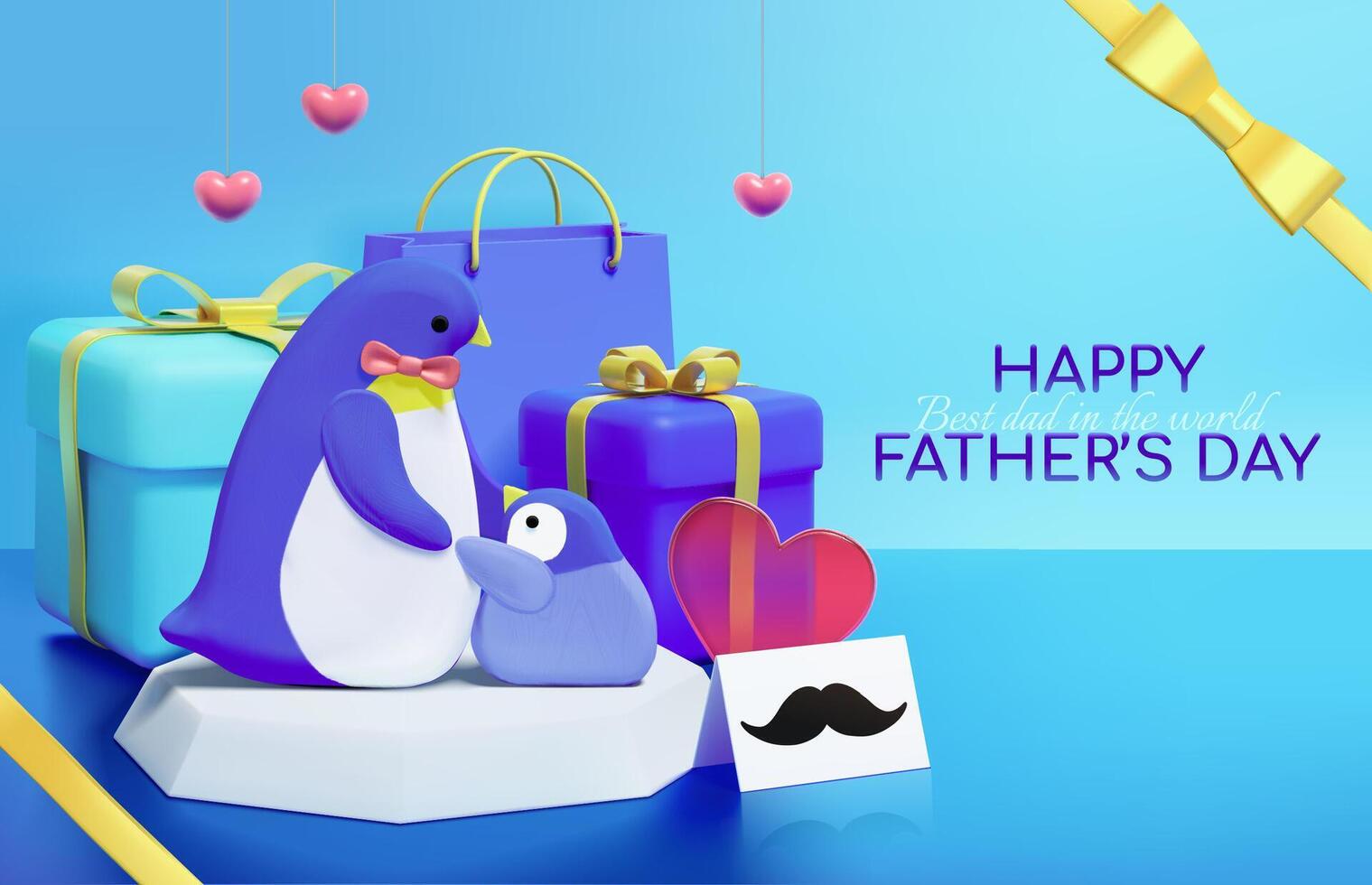 3D Father's day sales poster design. Illustration of penguin father and son on an iceberg with gifts behind on blue ice background.Concept of sending love and surprise to dad vector
