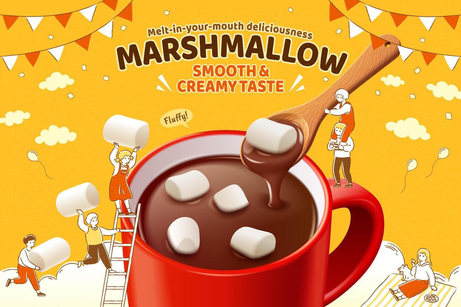 Marshmallow hot chocolate ad in 3d illustration, with cute hand drawn miniature people playing around the mug vector