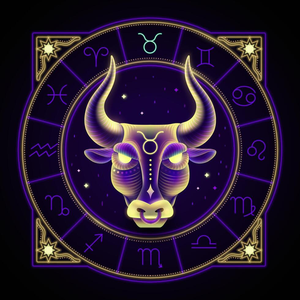 Taurus zodiac sign represented by the face of a bull. Neon horoscope symbol in circle with other astrology signs sets around. vector