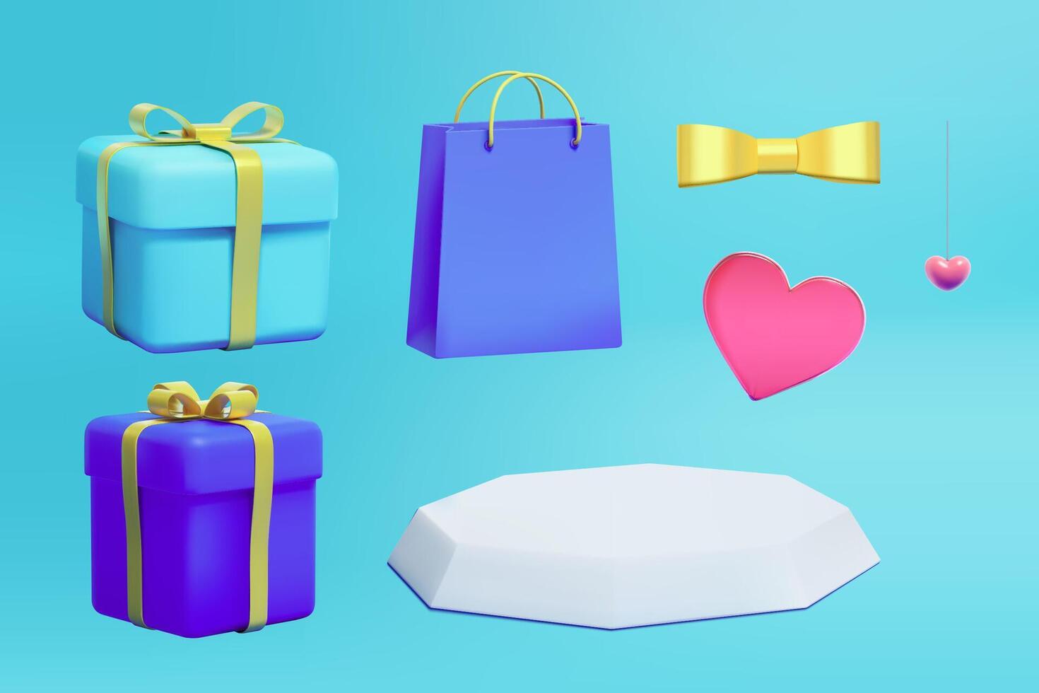 3D festive decoration elements. Illustration of two tied giftboxes, hanging heart, pink acrylic heart, and golden bow tie isolated on cyan background vector