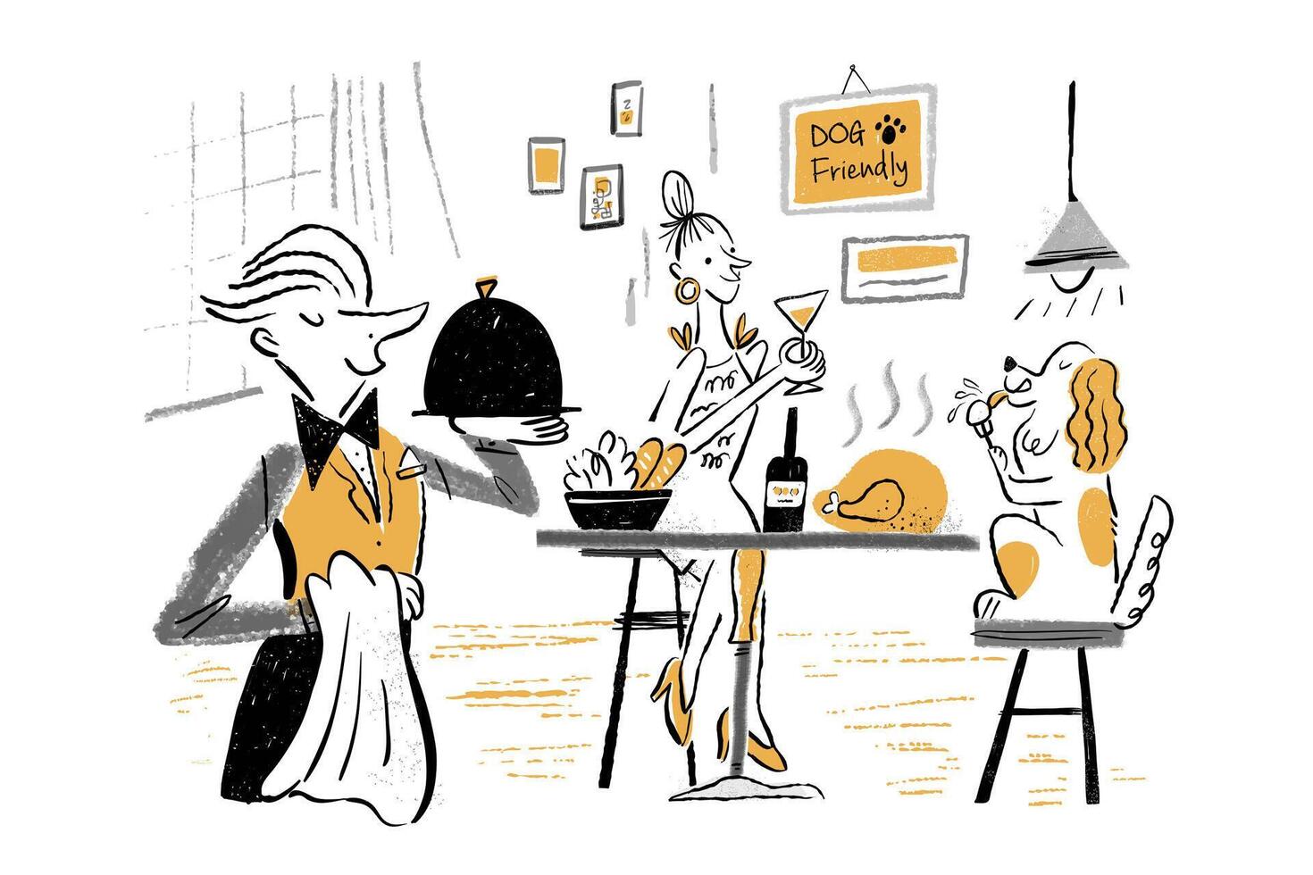 Hand drawn doodle style illustration of pet-friendly restaurant. Waiter serving food with woman and her pet dog sitting at table to enjoy big meal. vector