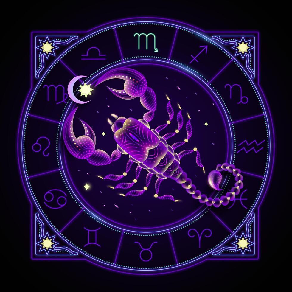 Scorpio zodiac sign represented by the scorpion. Neon horoscope symbol in circle with other astrology signs sets around. vector