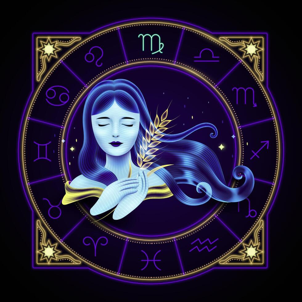 Virgo zodiac sign represented by a young maiden carrying a sheaf of wheat. Neon horoscope symbol in circle with other astrology signs sets around. vector