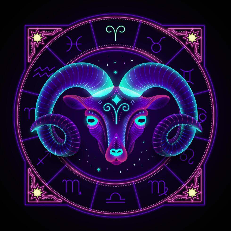 Aries zodiac sign represented by a ram as the fire of the spirit. Neon horoscope symbol in circle with other astrology signs around. vector