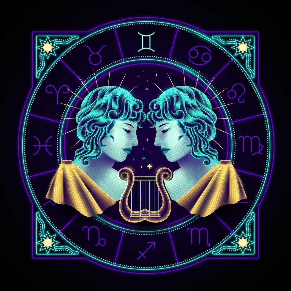 Gemini zodiac sign represented by two male youths. Neon horoscope symbol in circle with other astrology signs sets around. vector