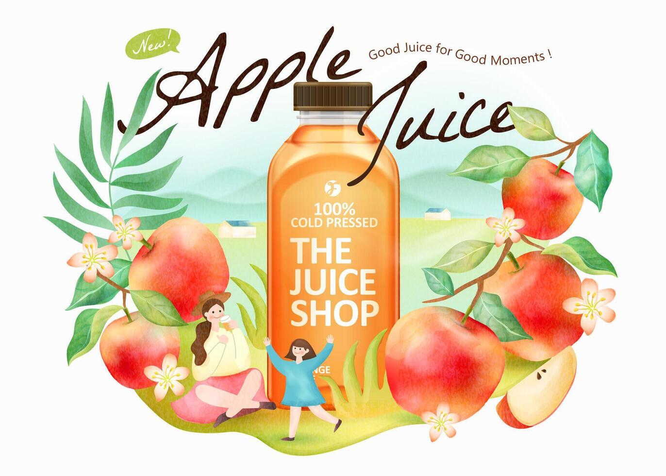 Fresh apple juice ad in 3d illustration, realistic bottle with watercolor fruit and people vector