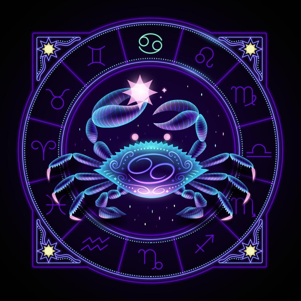 Cancer zodiac sign represented by a crab raising its chela. Neon horoscope symbol in circle with other astrology signs sets around. vector