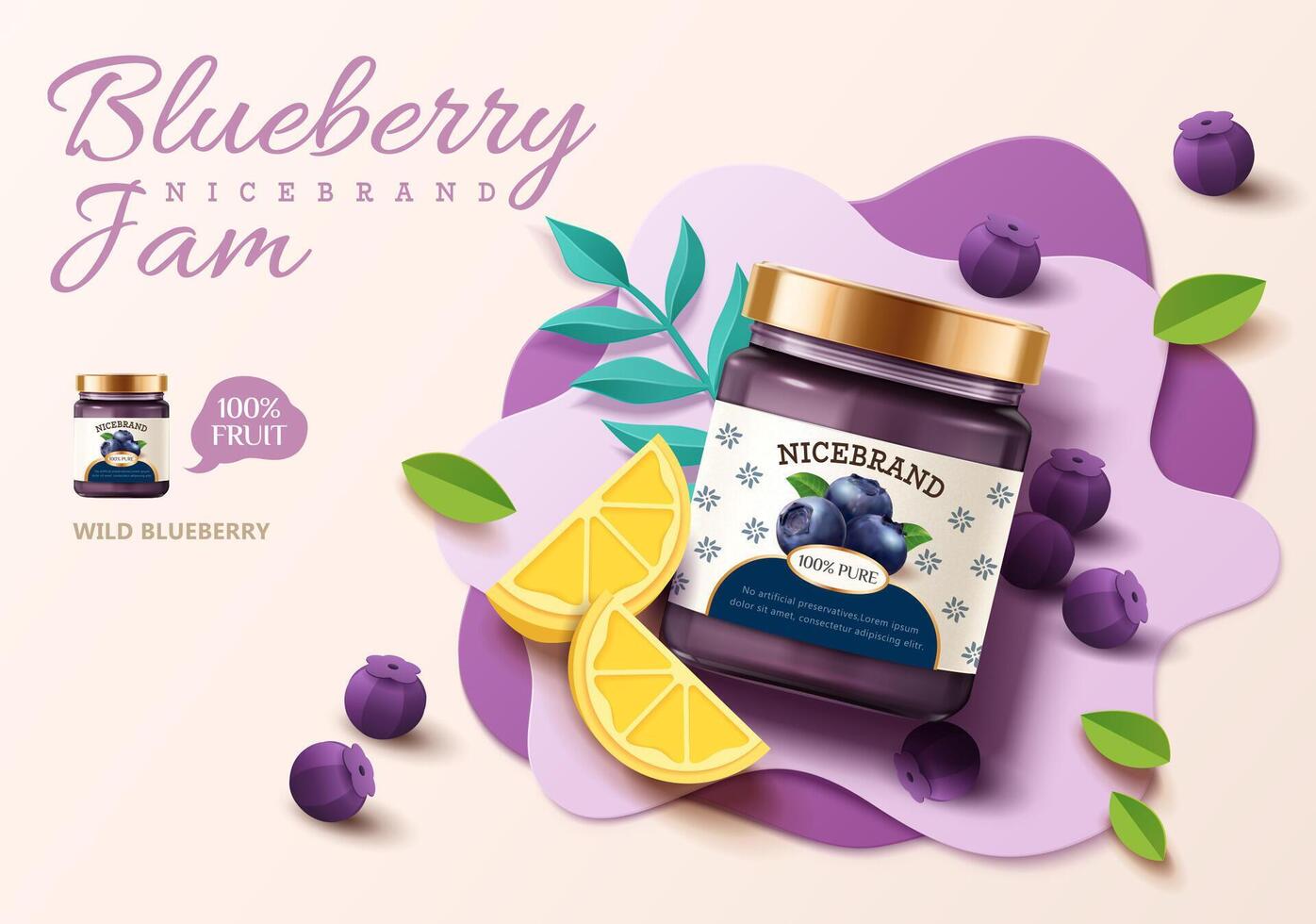 3d illustration of blueberry jam ad banner with blueberries, lemon and leaves on paper art background vector