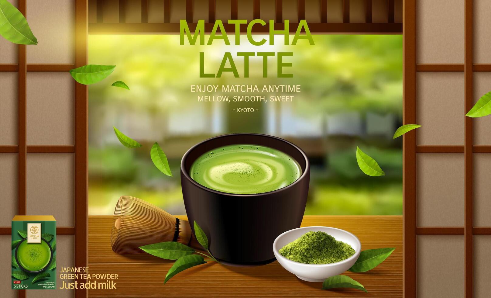 Japón matcha latté anuncio en 3d ilustración, matcha taza conjunto en japonés de madera piso en zen jardín antecedentes vector