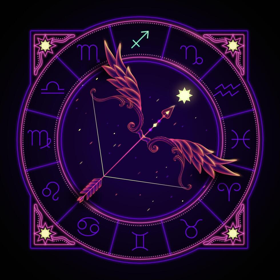 Sagittarius zodiac sign represented by a feather bow about to shoot an arrow. Neon horoscope symbol in circle with other astrology signs sets around. vector