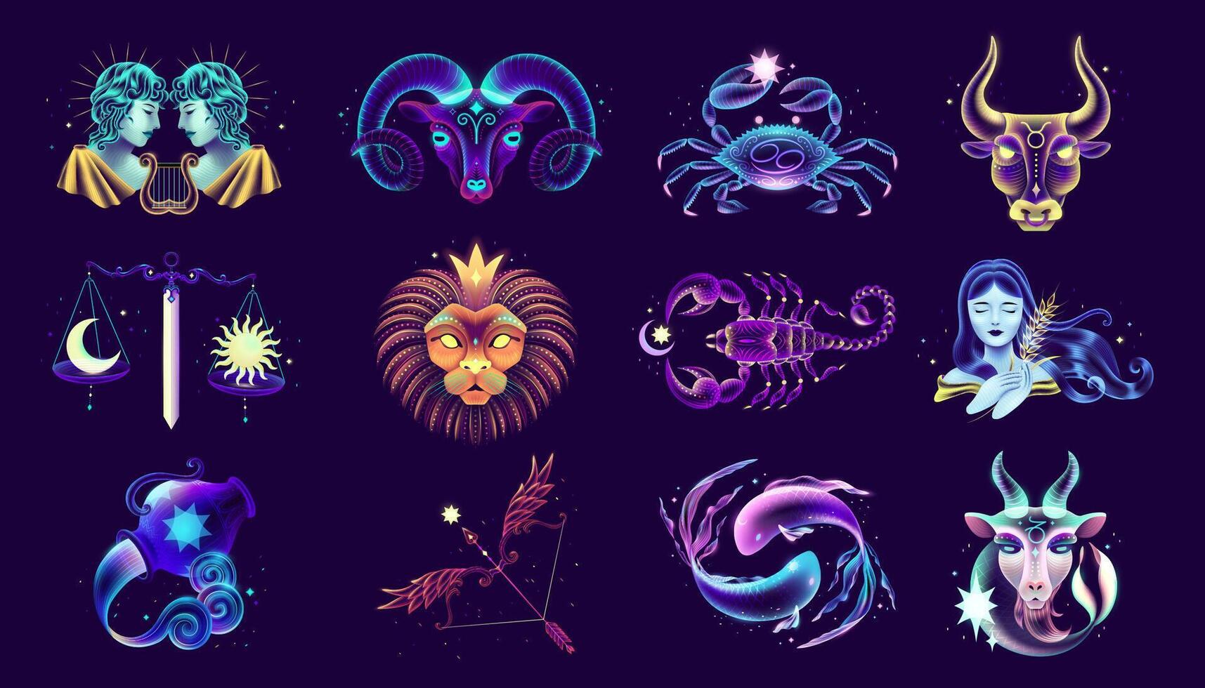 12 Neon zodiac signs. Set of colorful neon astrological signs including Aries, Taurus, Gemini, Cancer, Leo, Virgo, Libra, Scorpio, Sagittarius, Capricorn, Aquarius, and Pisces. vector