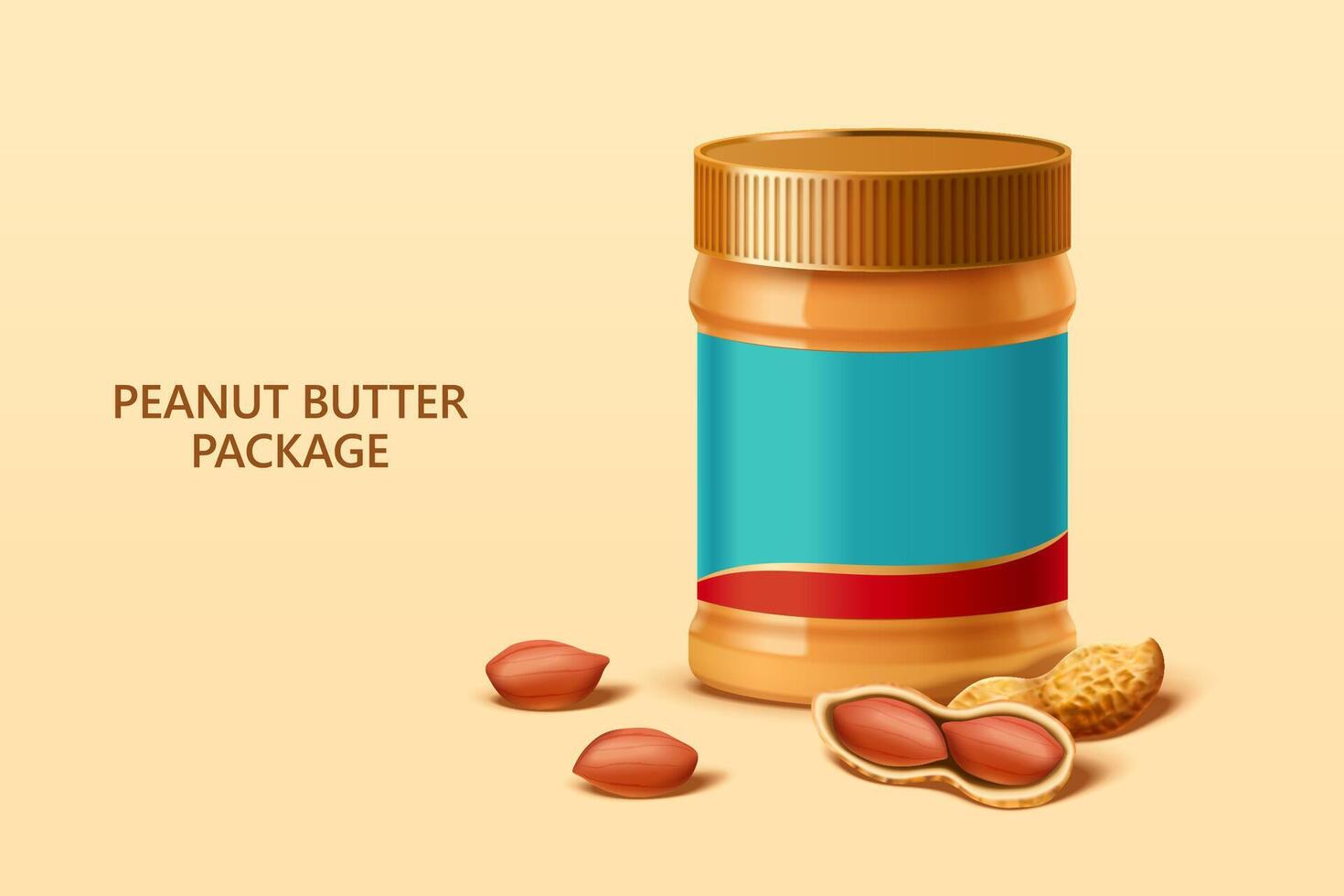 3d illustration of peanut butter spread packet with blank label and peanuts in shell over beige background vector