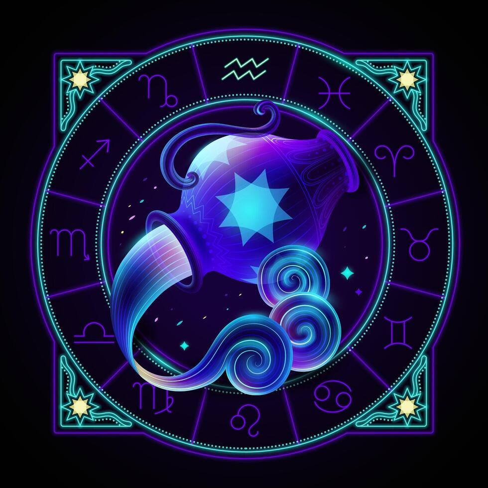 Aquarius zodiac sign represented by a large jar pouring water. Neon horoscope symbol in circle with other astrology signs sets around. vector