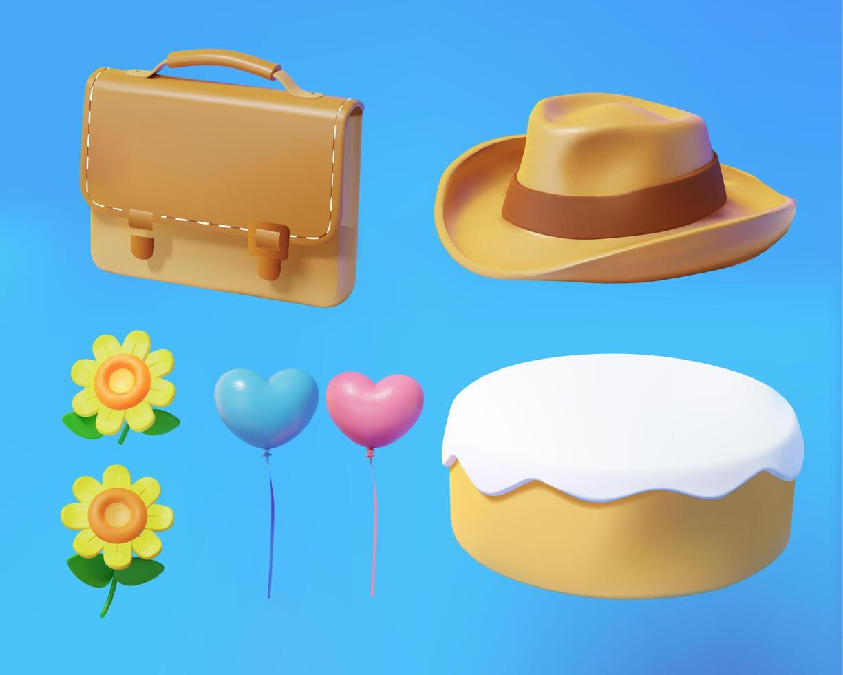 3D Father's day daddy elements. Illustration of dad's fedora hat, briefcase with festive decorations of cream cake, flowers, and balloons isolated on blue background vector