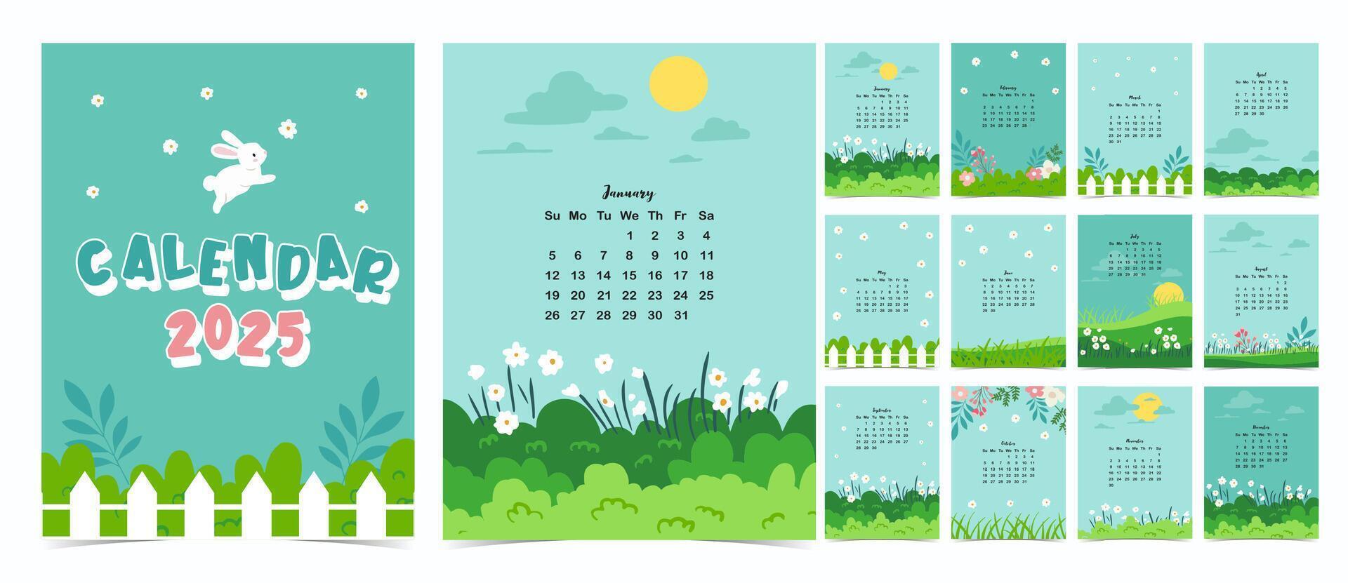 2025 table monthly calendar week start on Sunday with natural that use for vertical digital and printable A4 A5 size vector