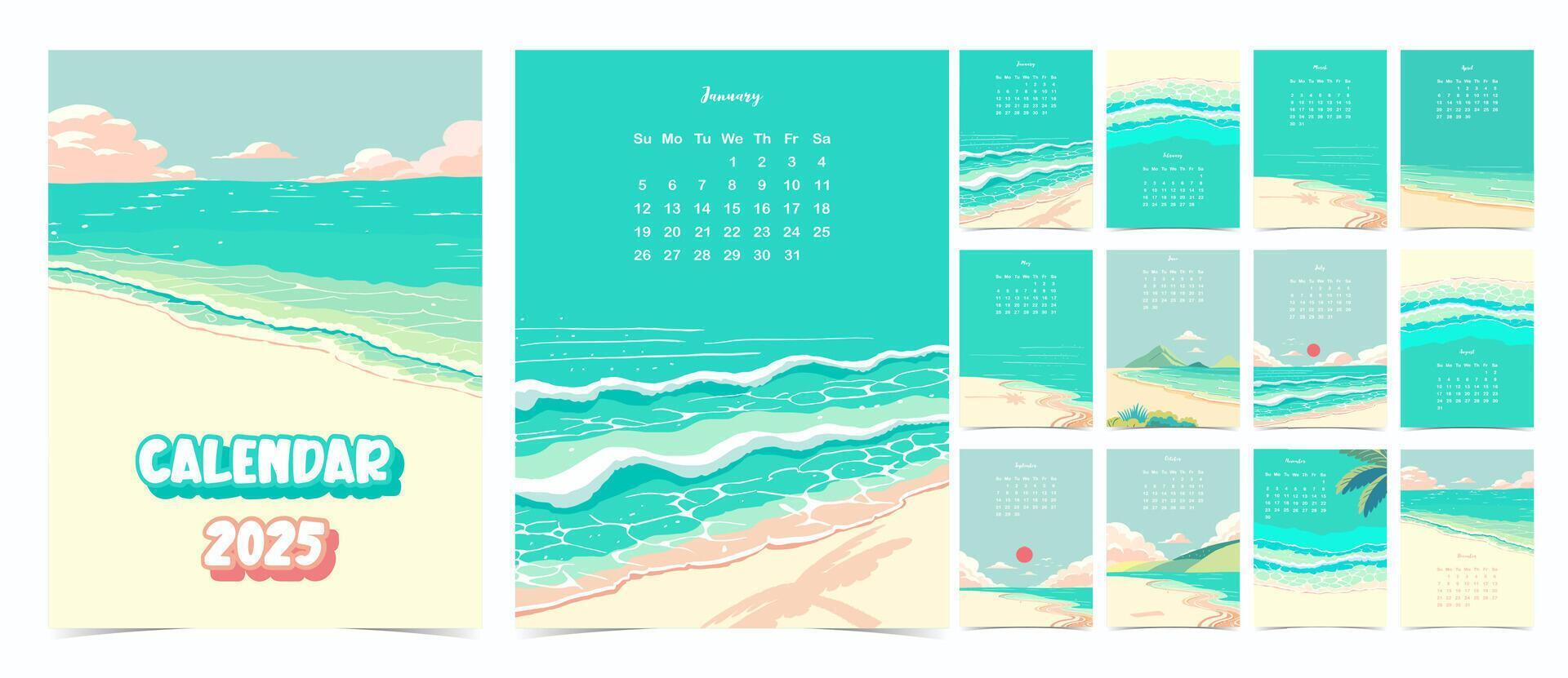 2025 table calendar week start on Sunday with beach that use for vertical digital and printable A4 A5 size vector