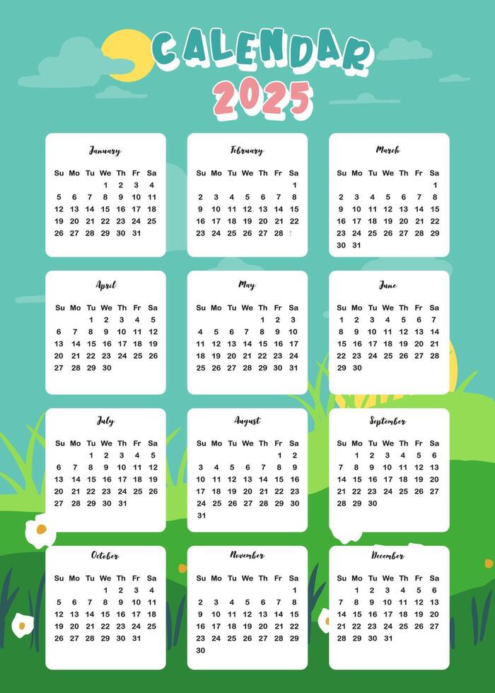 2025 table yearly calendar week start on Sunday with natural that use for vertical digital and printable A4 A5 size vector