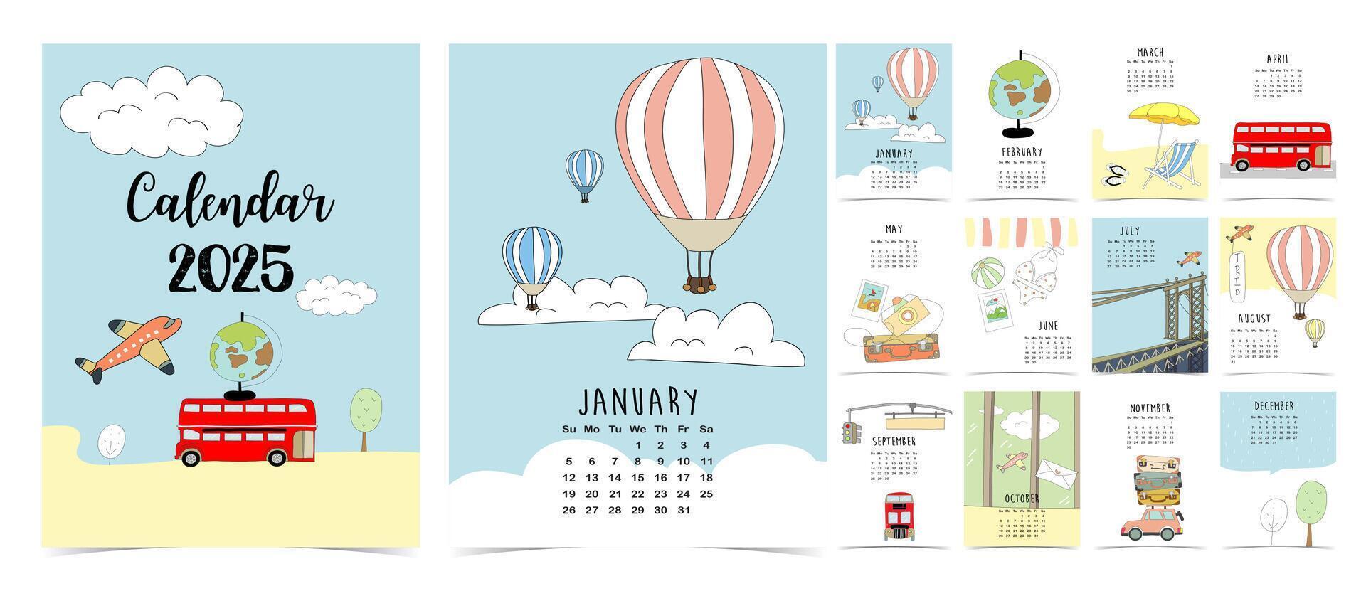 2025 table monthly calendar week start on Sunday with travel that use for vertical digital and printable A4 A5 size vector