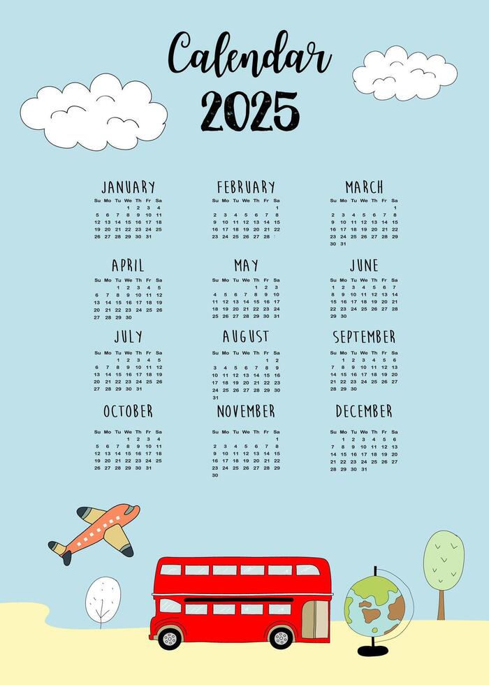 2025 table yearly calendar week start on Sunday with travel that use for vertical digital and printable A4 A5 size vector