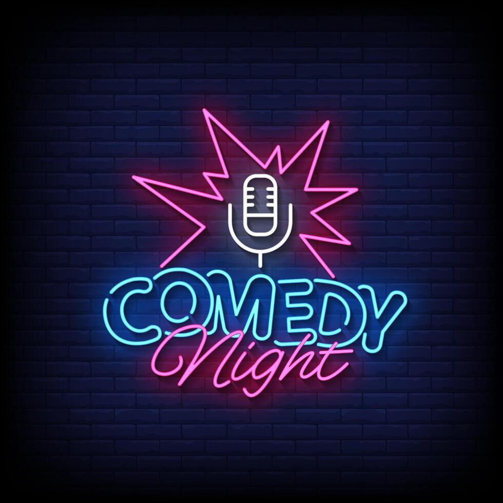 comedy night neon Sign on brick wall background vector